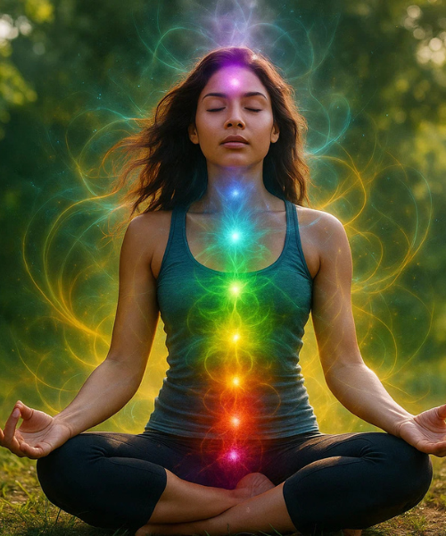 woman sitting in meditation aligning chakras
