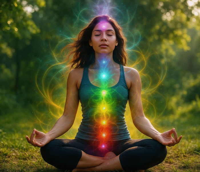 woman sitting in meditation aligning chakras