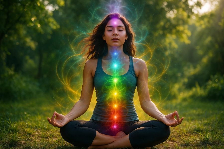 woman sitting in meditation aligning chakras