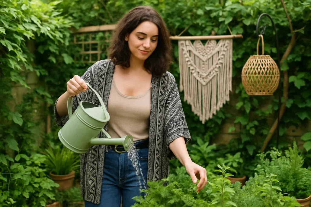 nature loving empath in her green garden watering plants and herbs