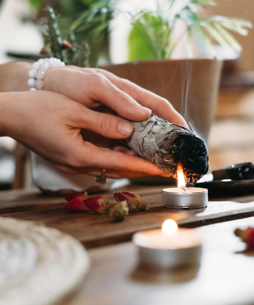 burning sage in a sacred space
