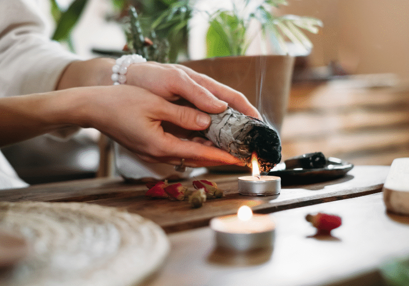 burning sage in a sacred space