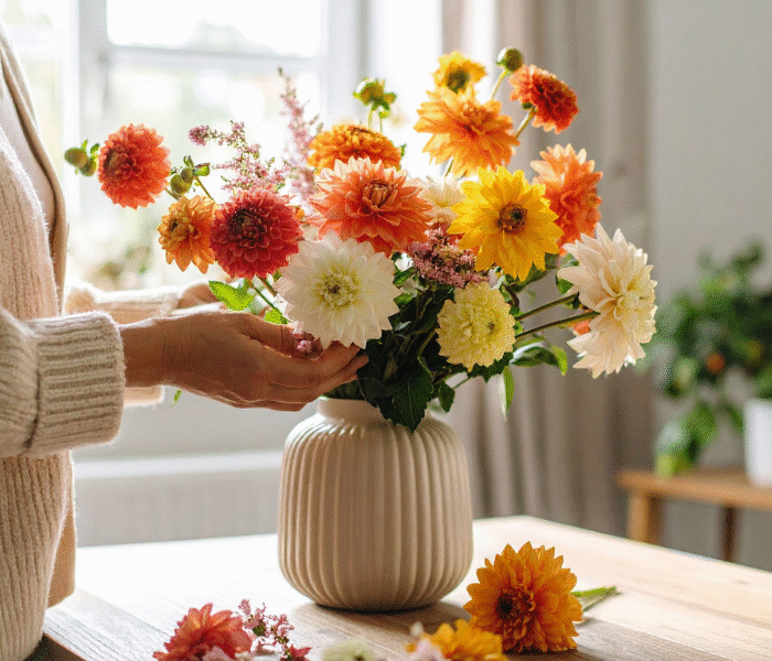 woman arranging chrysanthemums in vase