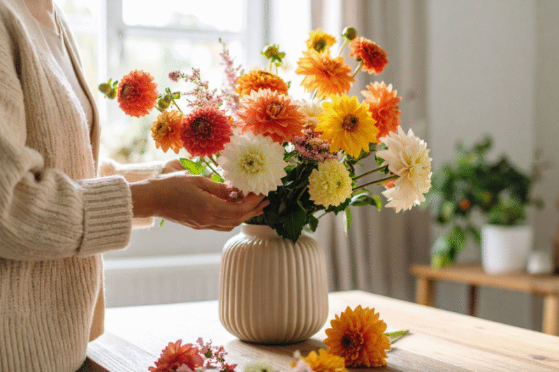 woman arranging chrysanthemums in vase