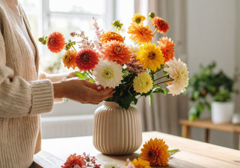 woman arranging chrysanthemums in vase
